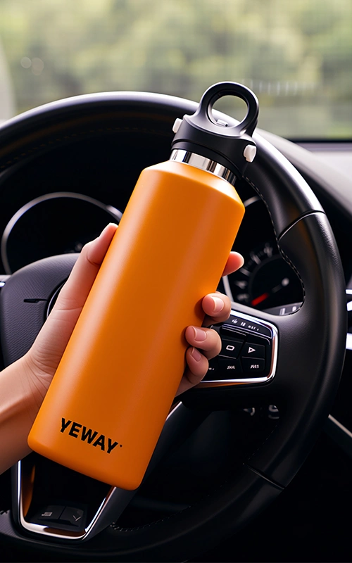 stainless steel water bottle with one hand open